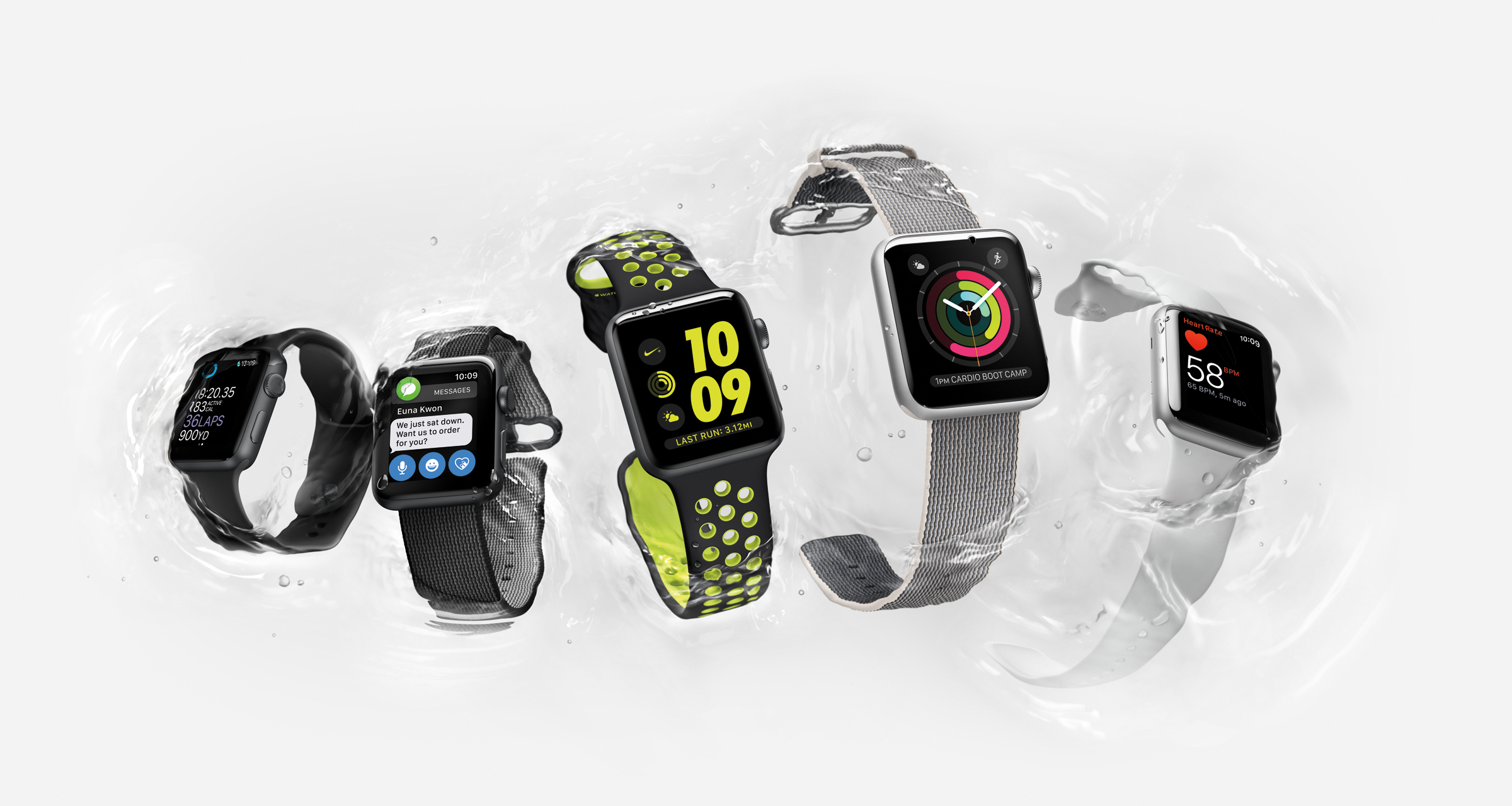 Variert: Apple Watch fås i flere versjoner med ulik spesifikasjon og utseende. Vi har testet den fluor-fargede i midten. Foto: Apple